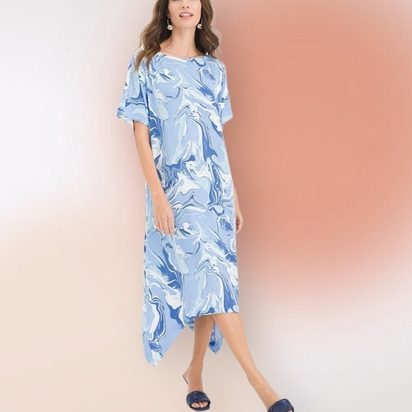 Chico’s Blue/White Painted Stone Midi Dress Size 0 Reg S - Picture 1 of 10